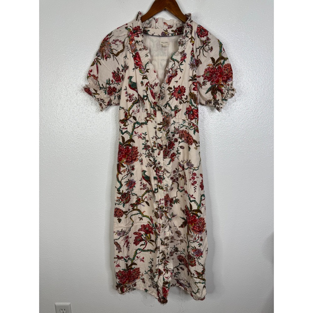 Pilcro Linen Blend Floral Bird Print Ruffle Midi Dress Puff Sleeve Cream Multi 4